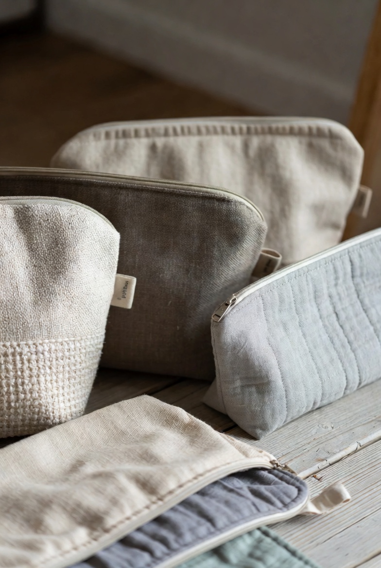 Set of soft neutral drawer fabric pouches