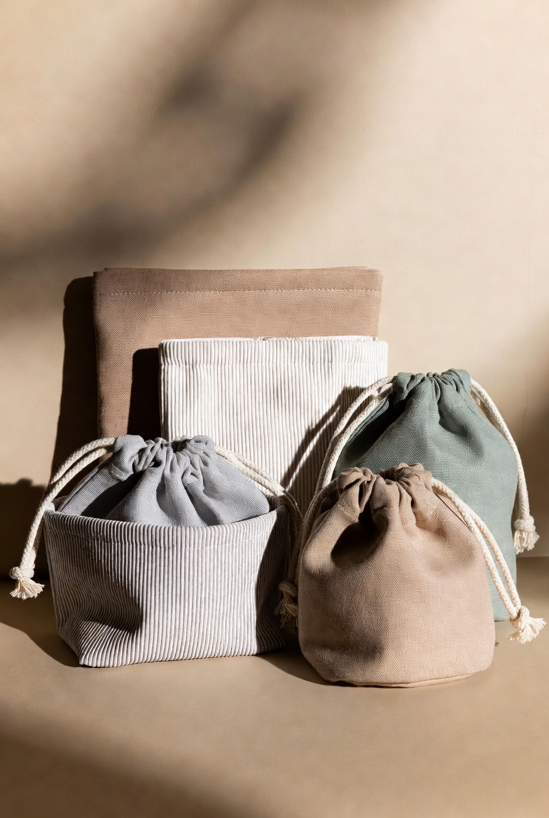 Fabric travel pouches on a suitcase